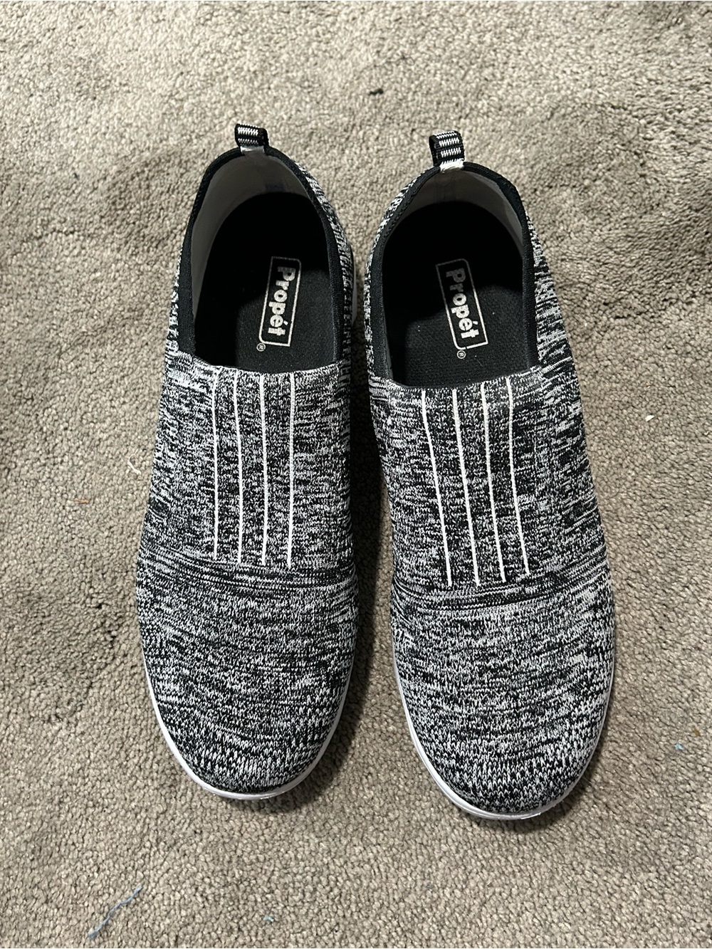 Propet Marled Knit Slip-On Sneakers in Black and White